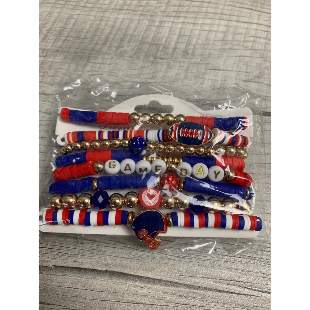 Game Day Football Bracelet Stack Red White Blue Heishi Beaded 7 Piece Set